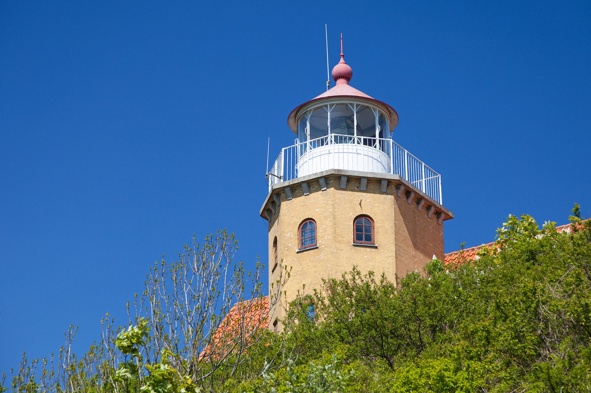 Der Leuchtturm Møns Fyr mit roter Spitze und gelblichem Turm, berühmter Leuchtturm an den Kreidefelsen von Møn.